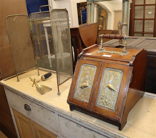 A Victorian brass mounted coal scuttle, mesh screen and brush